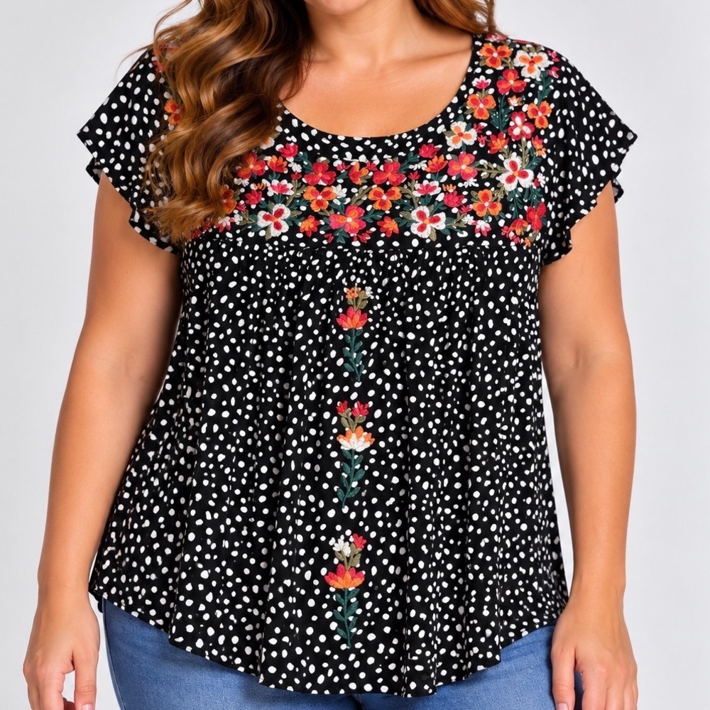 Savanna Jane M Black White Polka Dot Floral Embroidered Babydoll Blouse Boho